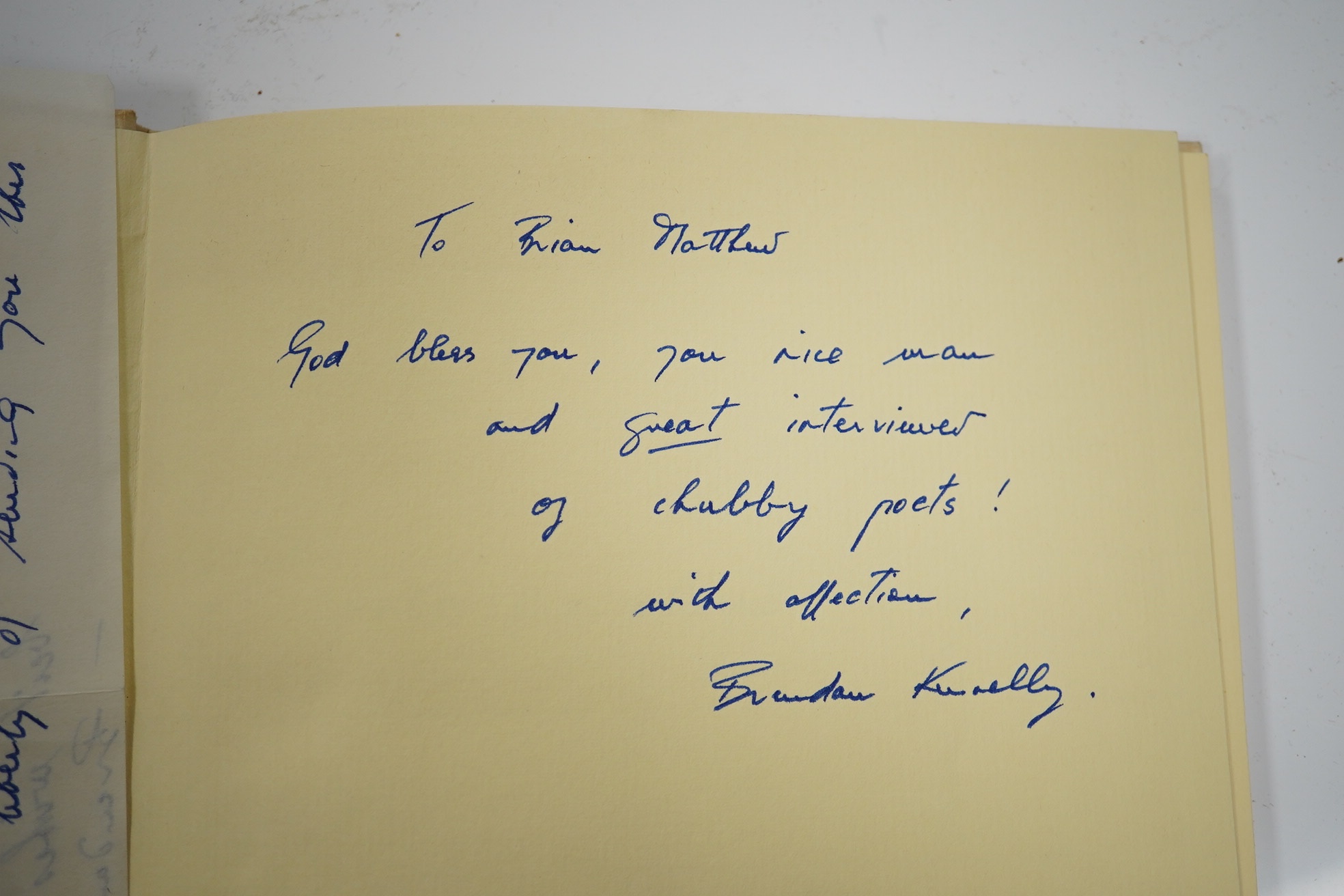 Kennelly, Brendan - The Boats Are Home. 1st edition. printed wrappers. Dublin: The Gallery Press, 1980. * with a contemporary 3 line inscription by the author to the famed Radio 2 d/j. Brian Mathew (host of, amongst othe